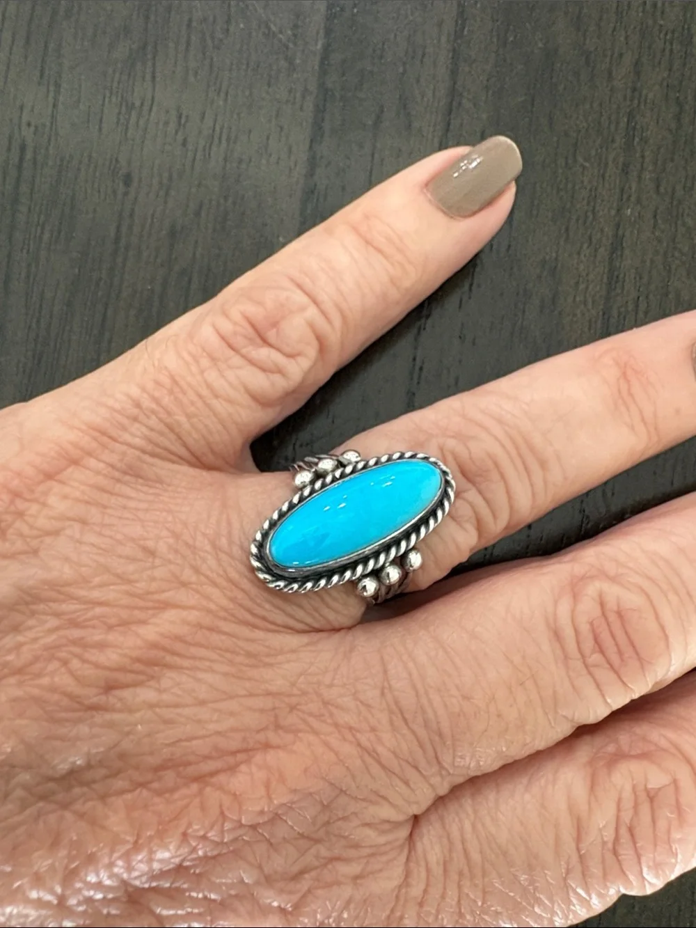 Vintage Sterling Silver Turquoise Oval Statement Ring - Blue